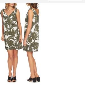 Tie-shoulder, palm print shift dress